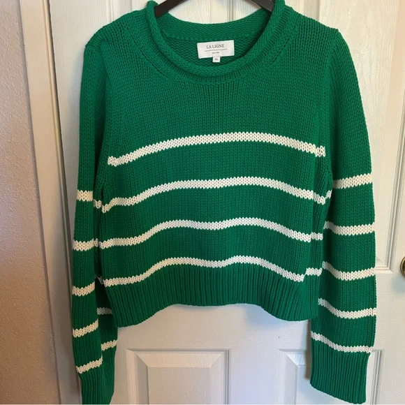 La Ligne x Sakara Mini Marina Striped Cotton Sweater in Kelly Green White, XL - Picture 5 of 11